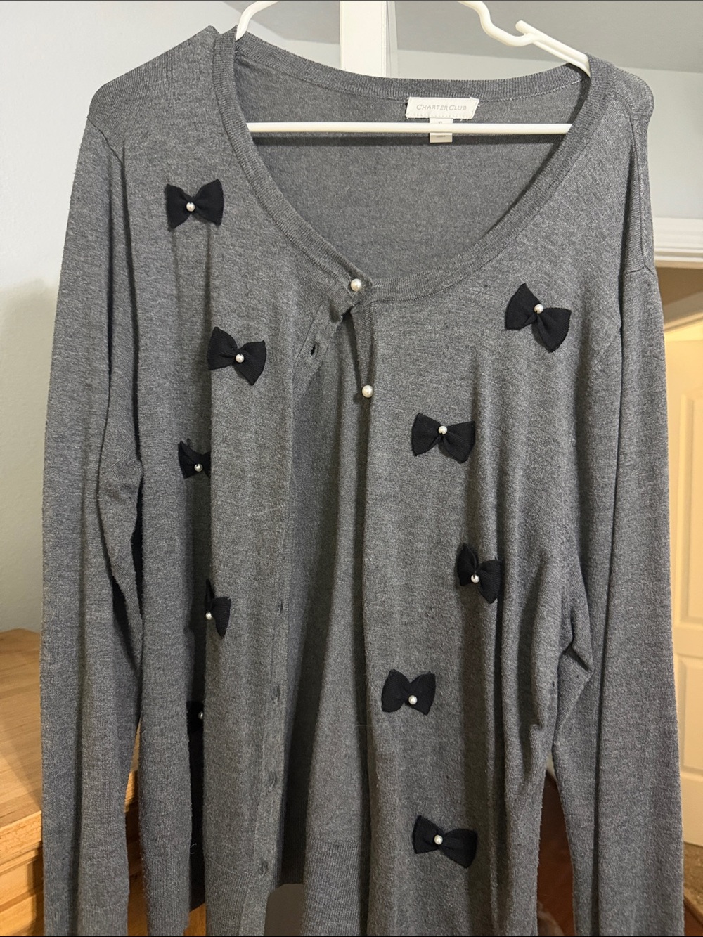Charter Club Gray Cardigan with Black Bow & Pearl Buttons